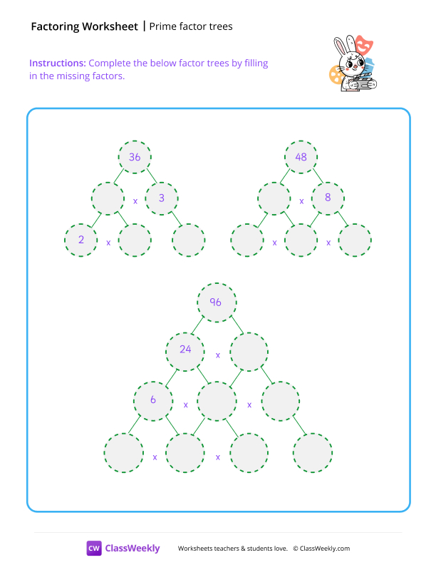 Prime Factor Trees - Jessica Rabbit worksheet preview