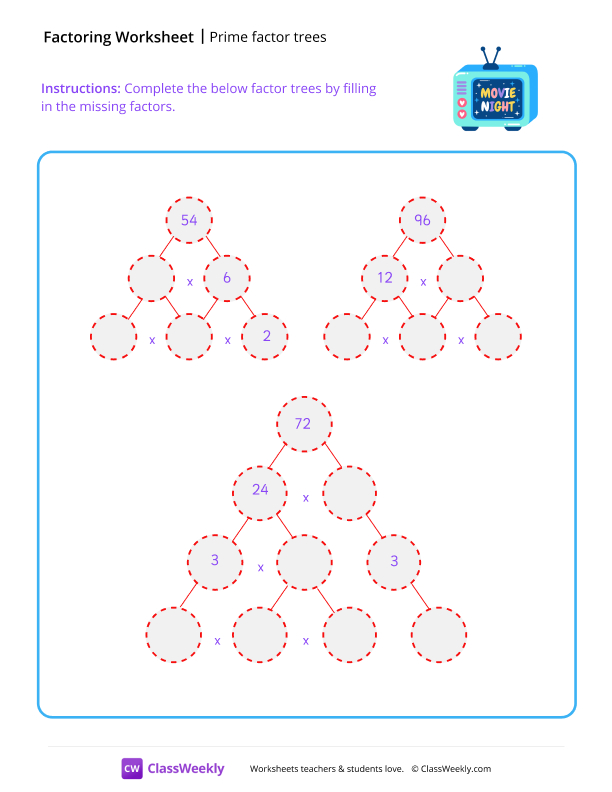 Prime Factor Trees - Blue TV worksheet preview
