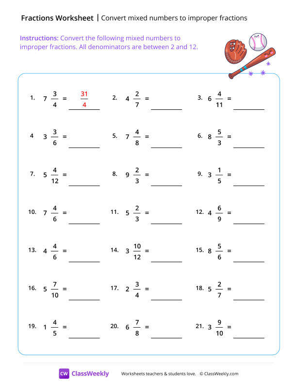 Convert mixed numbers to improper fractions worksheet preview