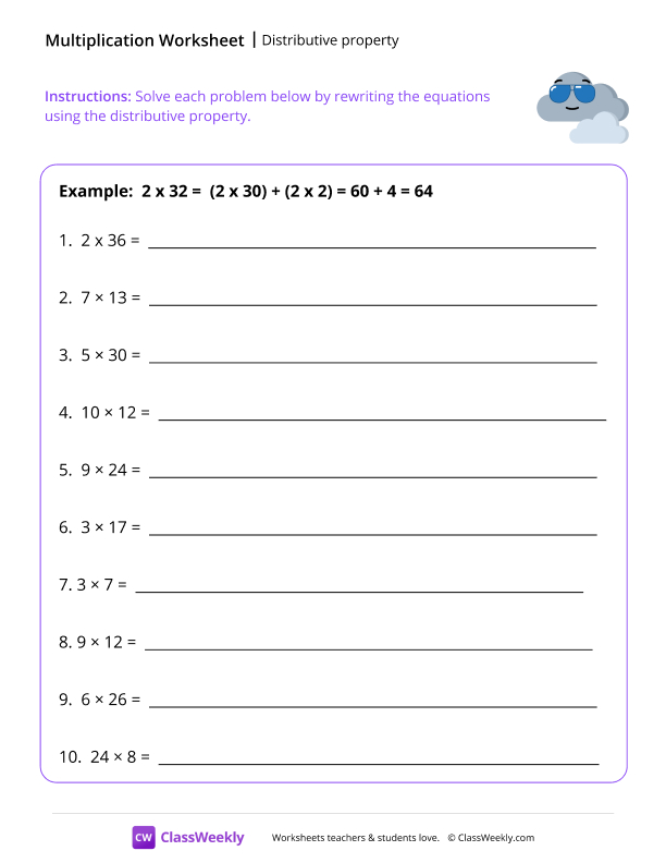 Distributive property - Cool Cloud worksheet preview
