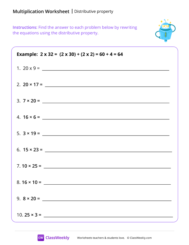 Distributive property - Cool Robot worksheet preview