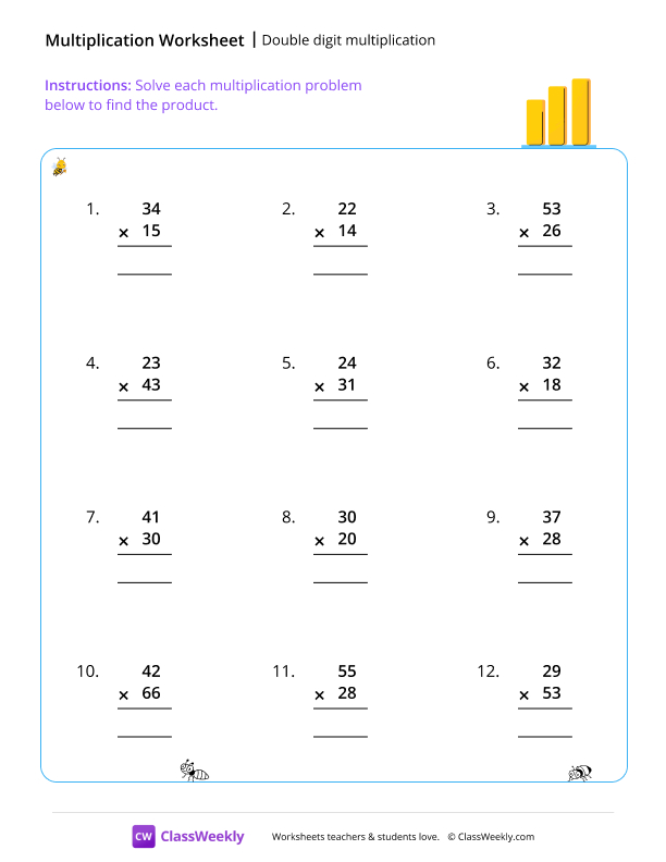Double digit multiplication - Columns worksheet preview