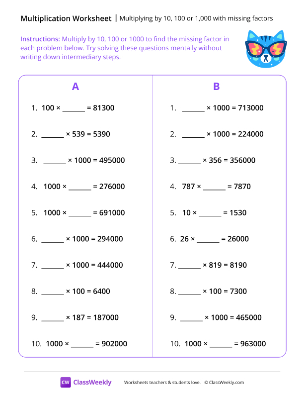 Multiplying by 10, 100 or 1,000 with missing factors worksheet preview