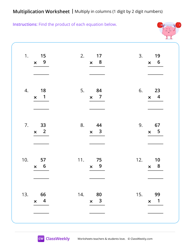 Multiply 1 digit by 2 digits - Muscles worksheet preview