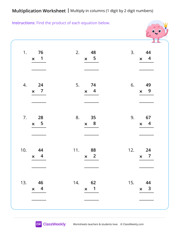 Multiply 1 digit by 2 digits - Idea worksheet preview