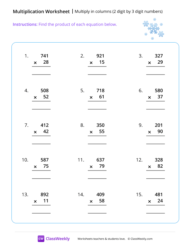 Multiply 2 digits by 3 worksheet preview