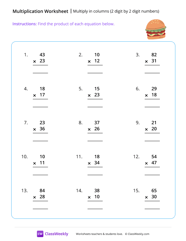 Multiply 2 by 2 digits - Burger worksheet preview