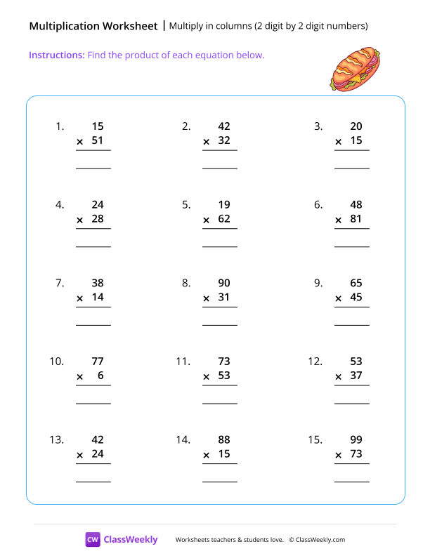 Multiply 2 digits in columns - Sandwich worksheet preview