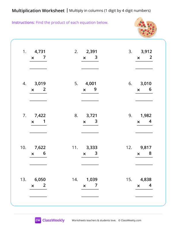 Multiply 1 by 4 digit numbers worksheet preview