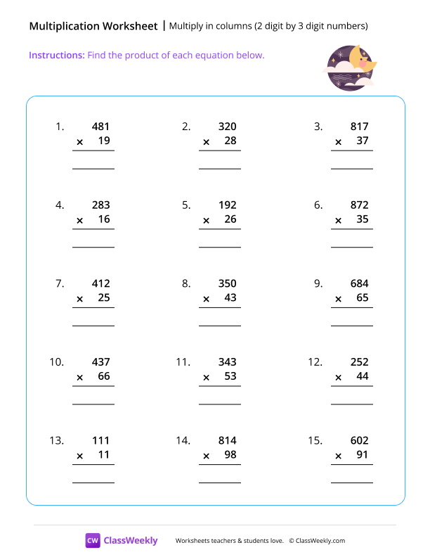 Multiply 2 by 3 digit numbers - Moon worksheet preview