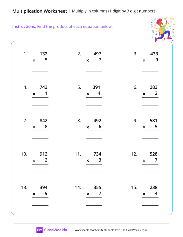 Multiply 1 by 3 digit numbers - Happy worksheet preview