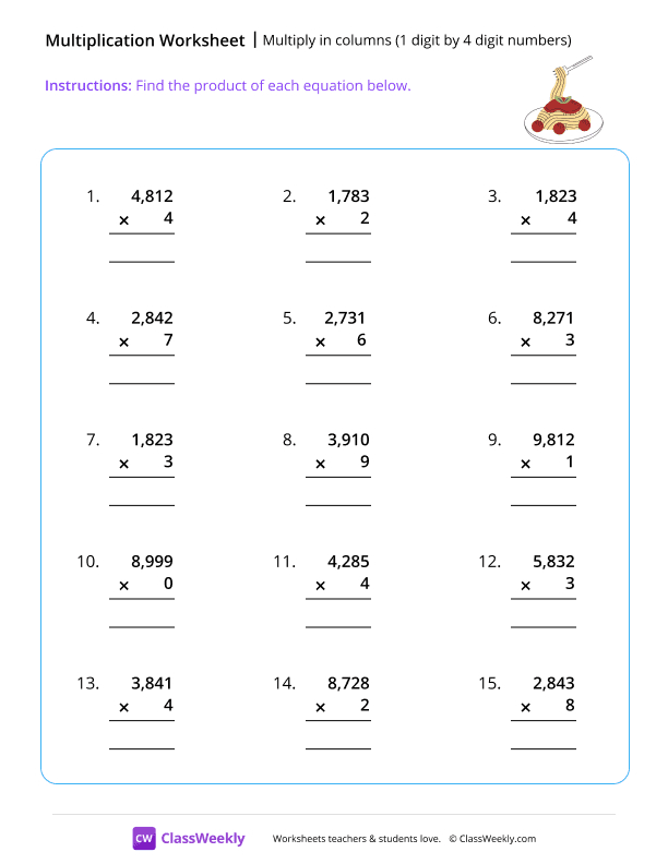 Multiply multi-digit numbers worksheet preview