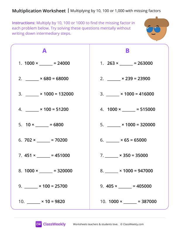 Multiplying by 10, 100 or 1,000 with missing factors - Cool Nut worksheet preview