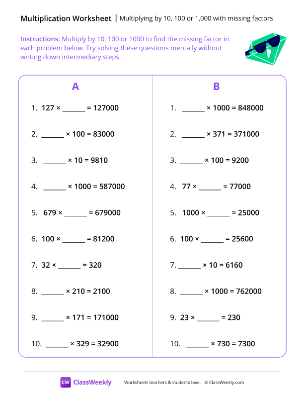 Multiplying by 10, 100 or 1,000 with missing factors - Diamond Shades worksheet preview