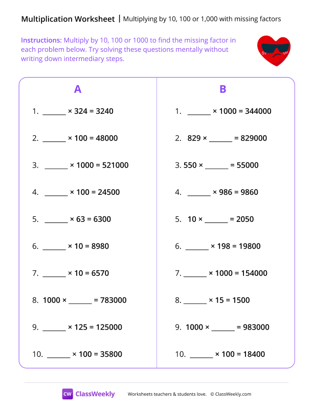Multiplying by 10, 100 or 1,000 with missing factors - Heart Shades worksheet preview