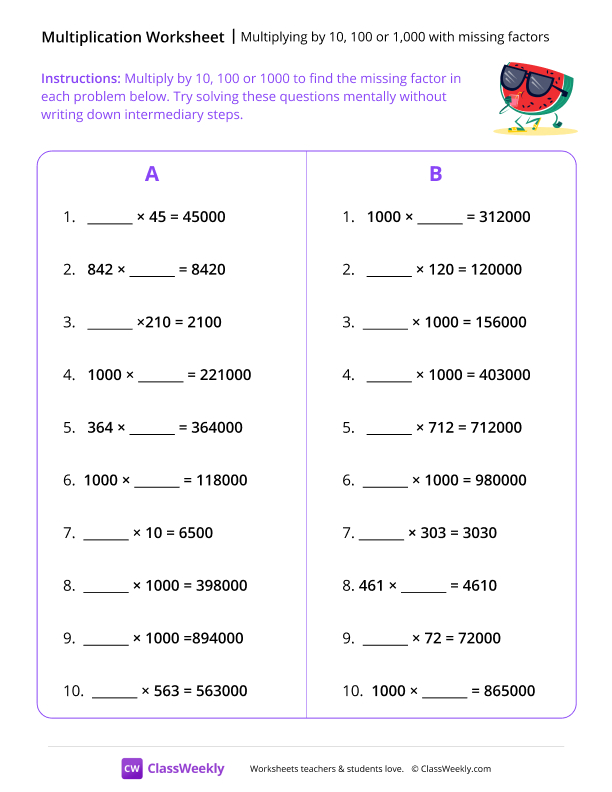 Multiplying by 10, 100 or 1,000 with Missing Factors - Watermelon worksheet preview