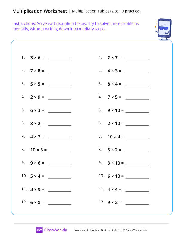 Multiplication Tables (2-10 practice) - Tablet worksheet preview