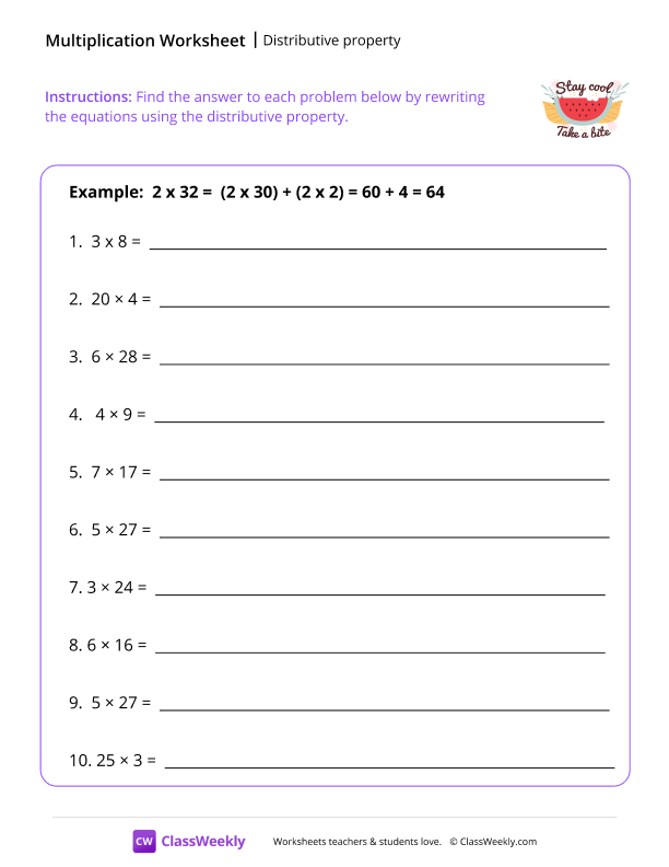 Distributive property - Cool Watermelon worksheet preview