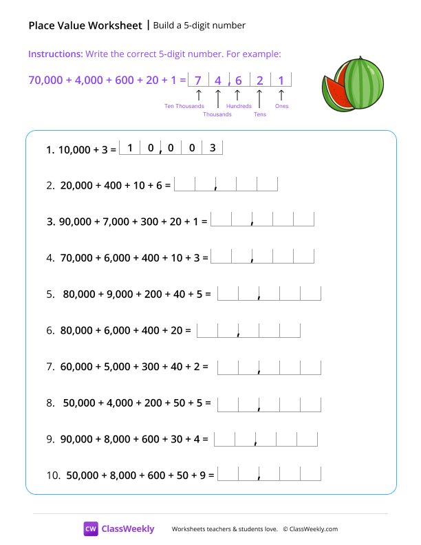 Build a 5-digit number - Watermelon worksheet preview