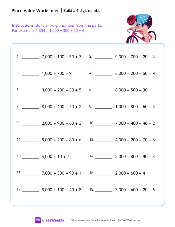 Build a 4-digit number - Cycling worksheet preview