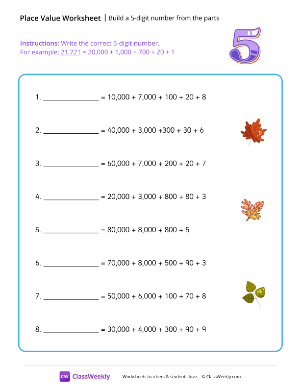 Build a 5-digit number from the parts - Glossy worksheet preview