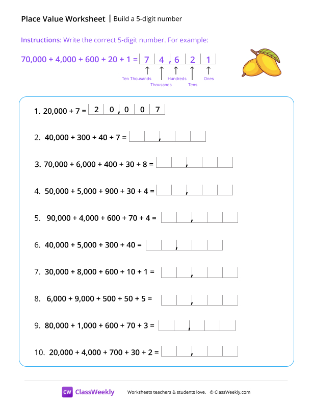 Build a 5-digit number - Mango worksheet preview