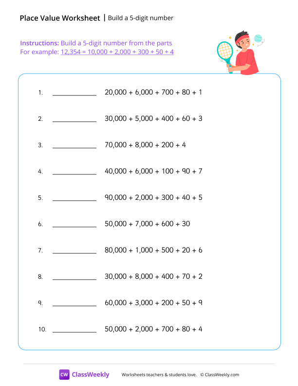 Build a 5-digit number - Tennis worksheet preview