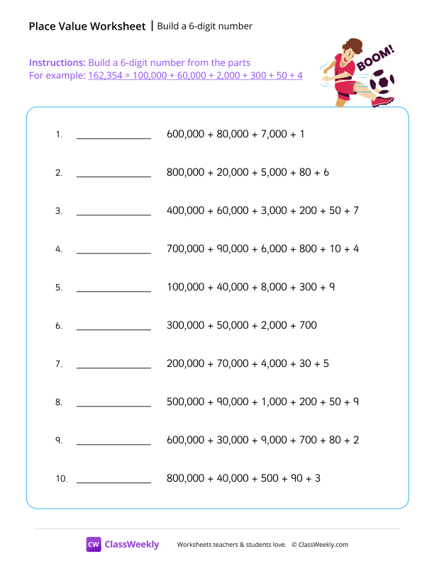 Build a 6-digit number - Soccer worksheet preview