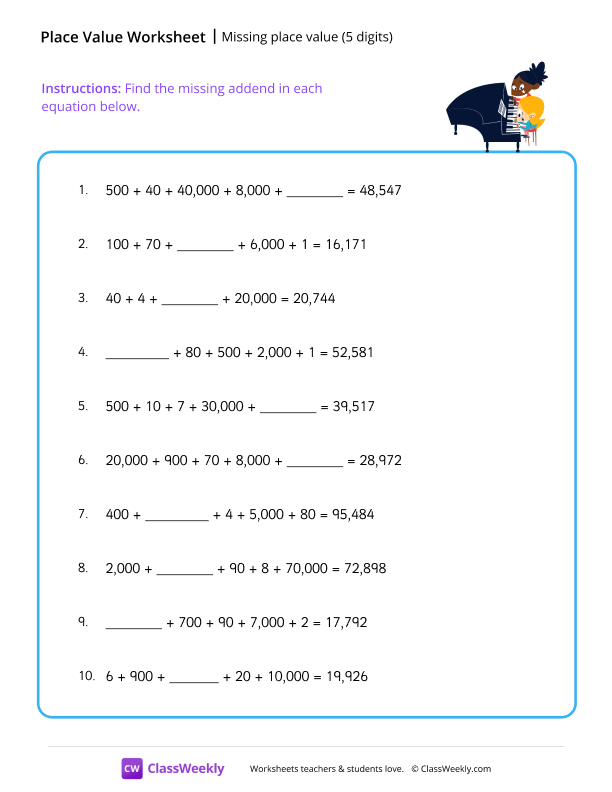Missing place value (5 digits) - Piano worksheet preview