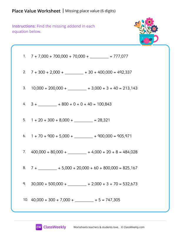 Missing place value (6 digits) - Flowers worksheet preview