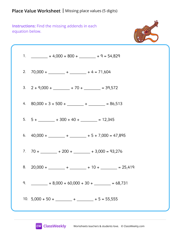 Missing place values (5 digits) - Guitar worksheet preview