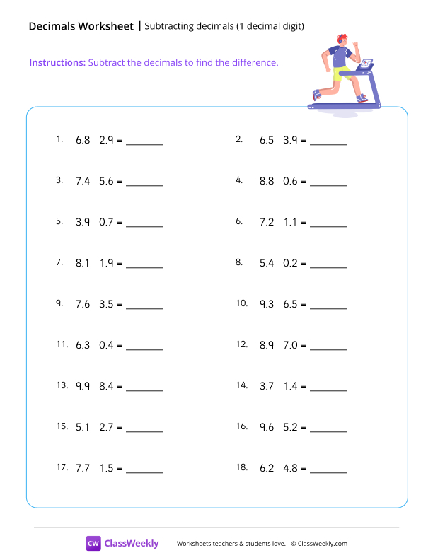Subtracting decimals (1 decimal digit) - Treadmill worksheet preview