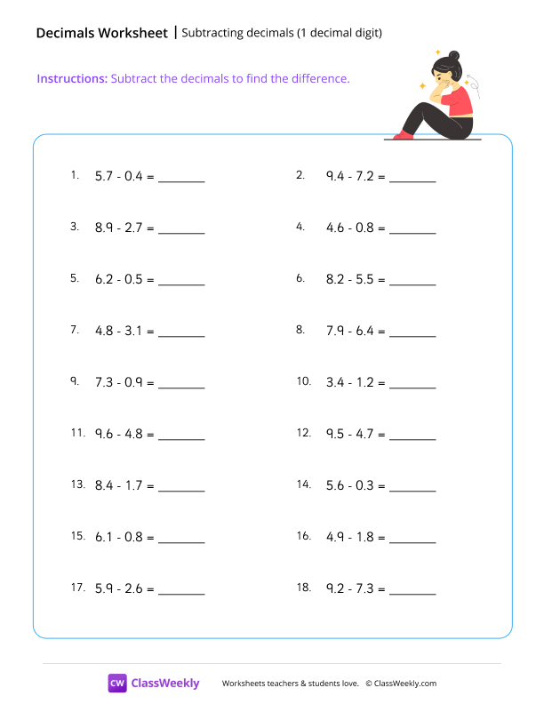Subtracting decimals (1 decimal digit) - Sit up worksheet preview