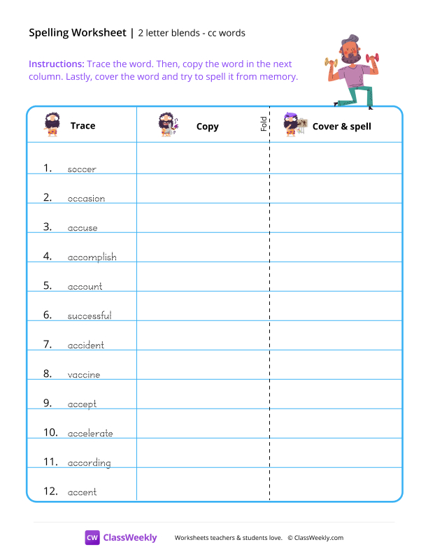 2 letter blends - cc words worksheet preview
