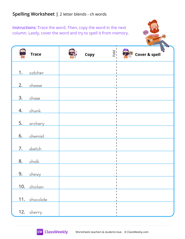 2 letter blends - ch words worksheet preview