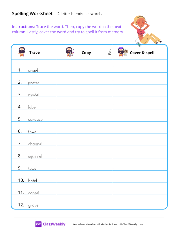 2 letter blends - el words worksheet preview