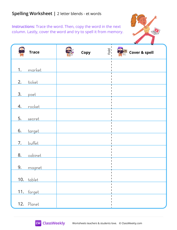 2 letter blends - et words worksheet preview