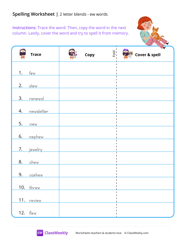 2 letter blends - ew words worksheet preview