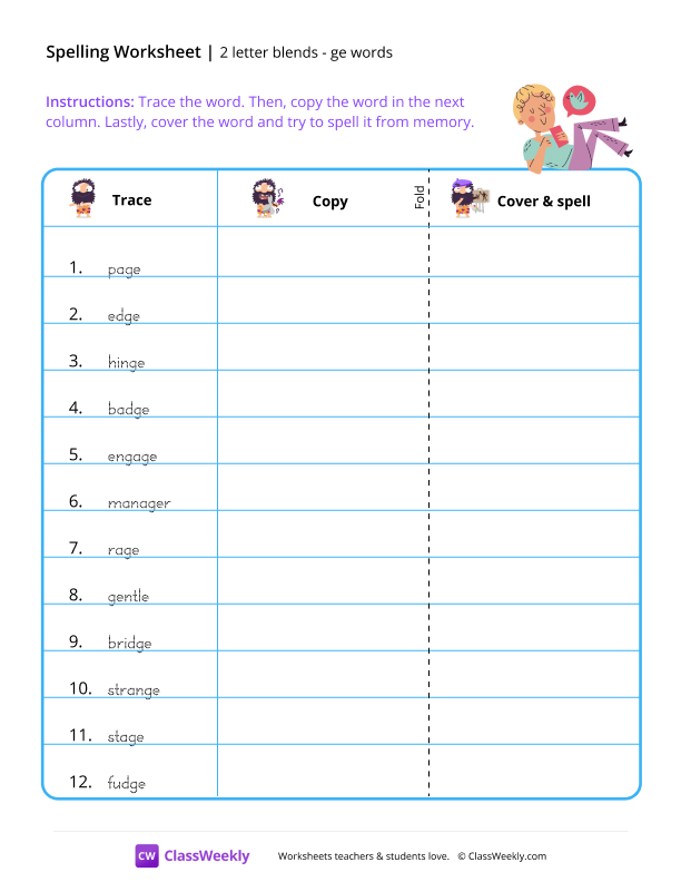 2 letter blends - ge words worksheet preview