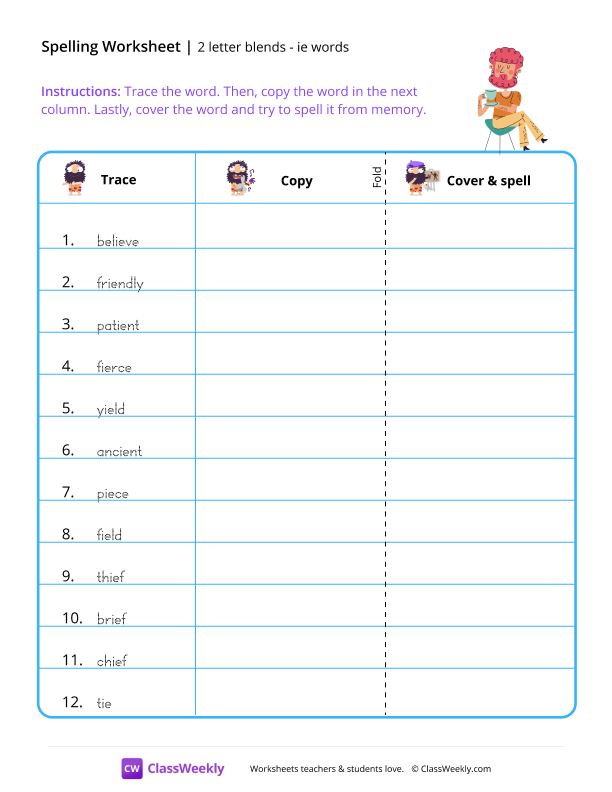 2 letter blends - ie words worksheet preview