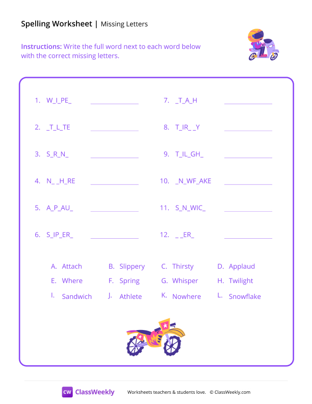 Fill In The Missing Letters worksheet preview