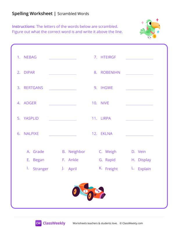Scrambled Words - Parrot Winner worksheet preview