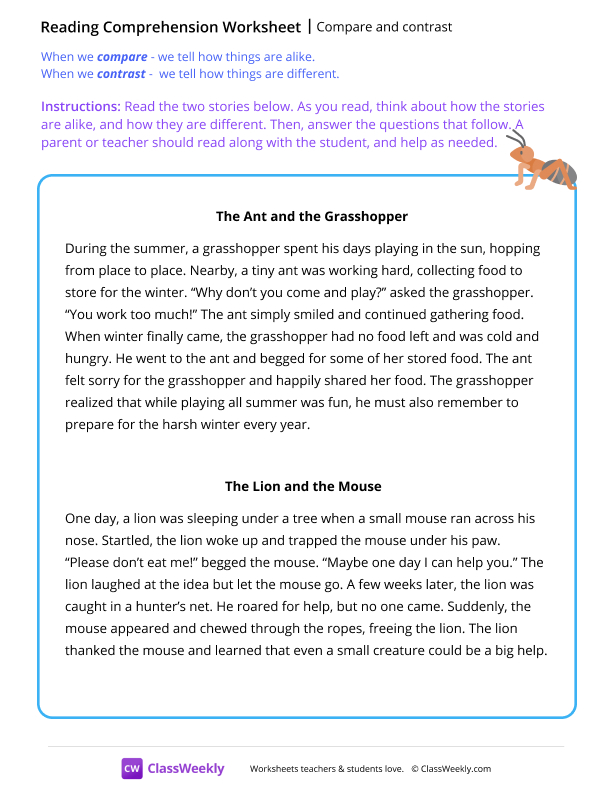 Compare and contrast worksheet preview