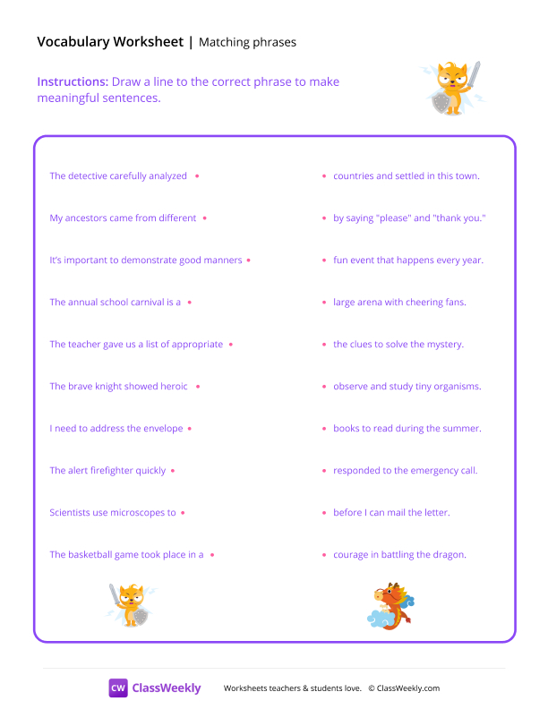 Matching phrases - Brave Cat worksheet preview
