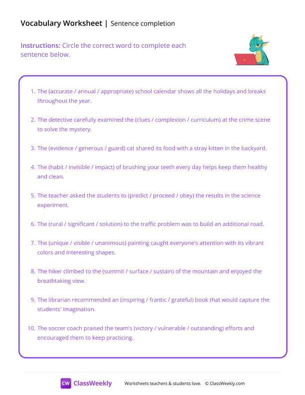 Sentence Completion - Smart Dragon worksheet preview