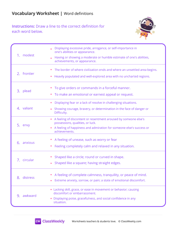 Word definitions - Cave Astronaut worksheet preview