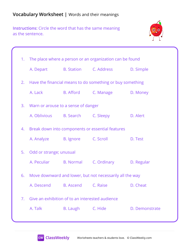Words and Their Meanings - Apple Detective worksheet preview