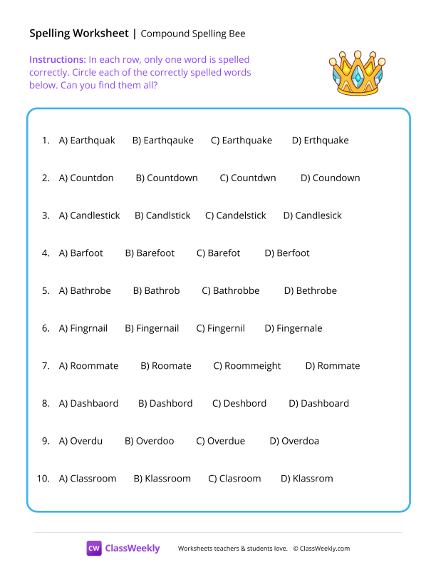 Compound spelling bee worksheet preview