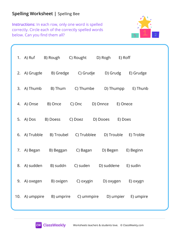 Spelling Bee - Podium worksheet preview