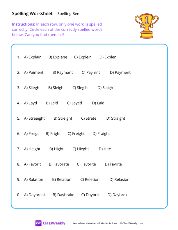 Spelling Bee - Trophy worksheet preview